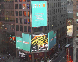 Nasdaq OMX Group and Thomson Reuters Sign in Times Square with Santiago Ribeiro art